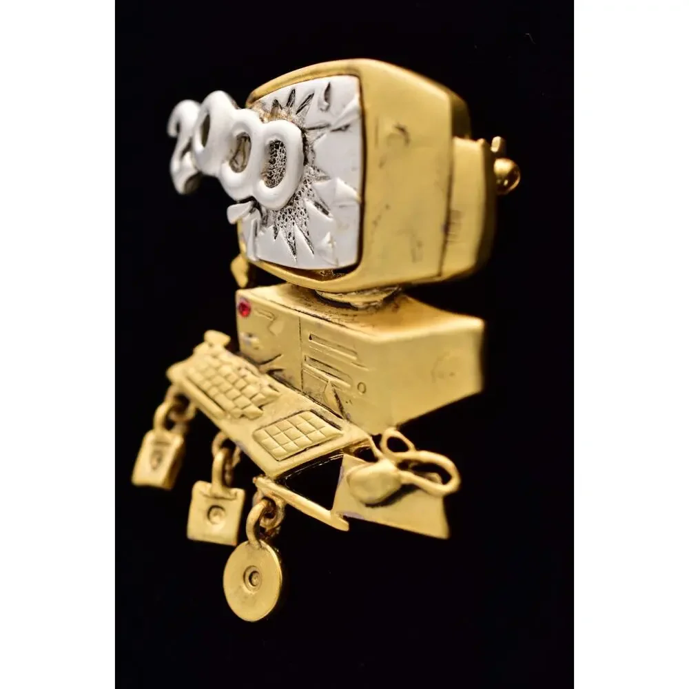 Danecraft Y2K 2000 Computer Brooch Gold Silver Dangle Charm Pin NOS 90s PinA25